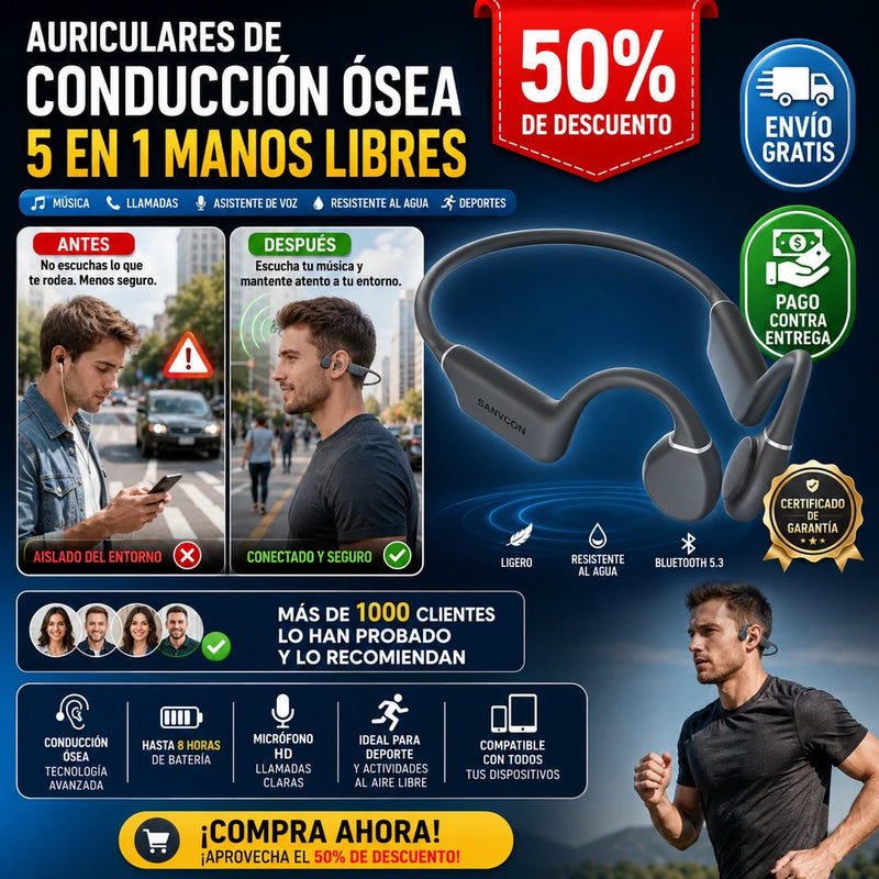 Auriculares de conducción ósea 5 en 1 manos libres PRO - Última tecnología con cancelación de ruido