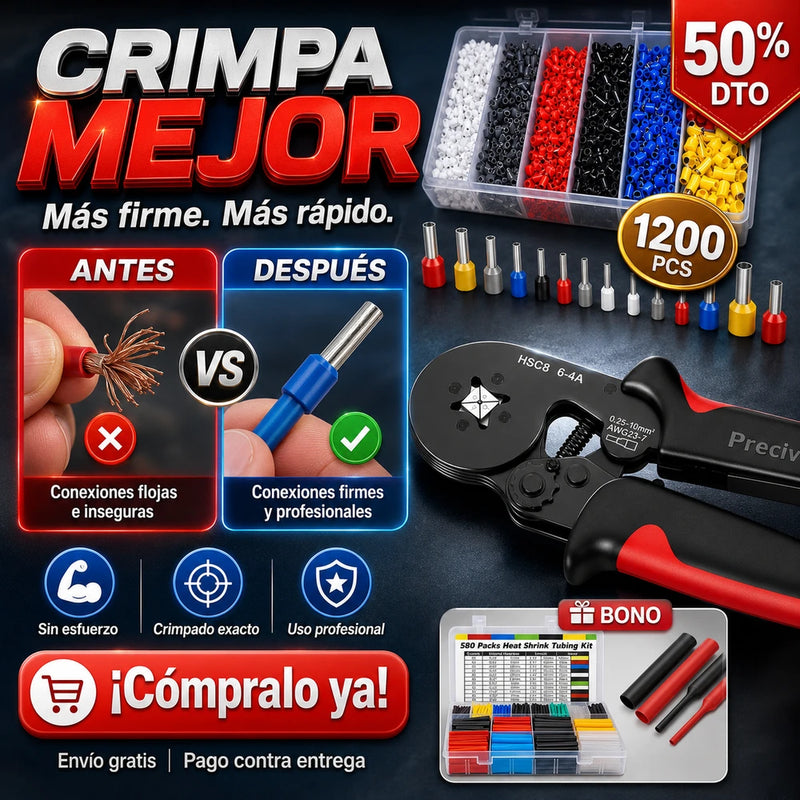 Kit de herramientas de crimpado de alambre de trinquete autoajustable, juego de alicates con 1200 terminales de cable, conectores de crimpado, virolas de extremo de alambre