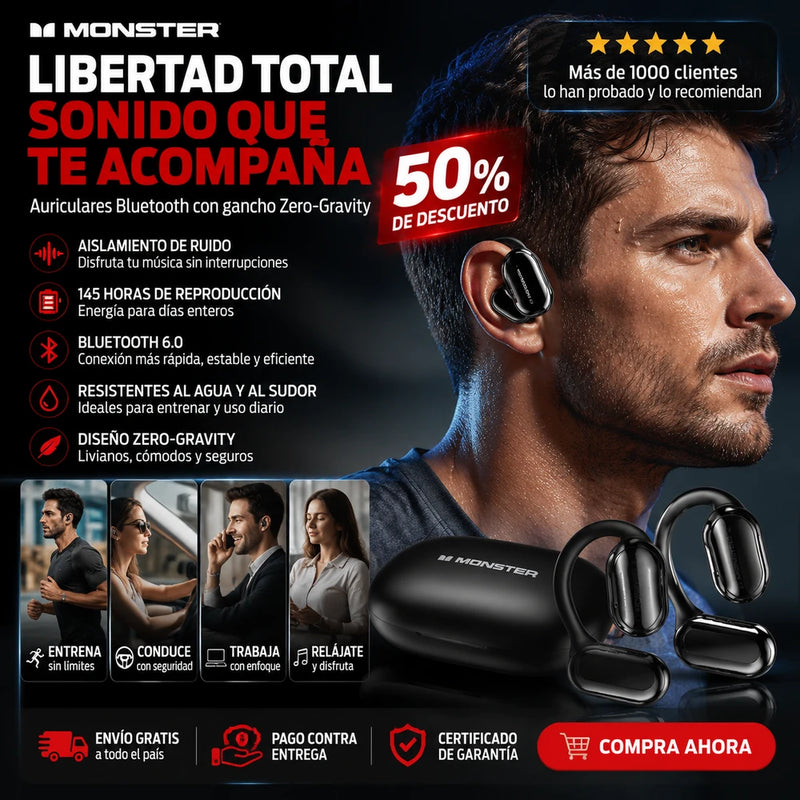 Auriculares Monster Ear Buds: auriculares Bluetooth con diseño de gancho para la oreja de titanio Zero-Gravity, aislamiento de ruido, 145 horas de reproducción, auriculares inalámbricos Bluetooth 6.0, resistentes al agua y al sudor, ideales para viajes