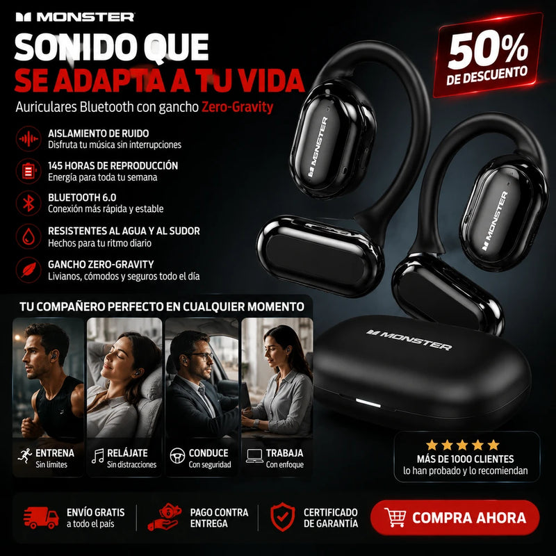 Auriculares Monster Ear Buds: auriculares Bluetooth con diseño de gancho para la oreja de titanio Zero-Gravity, aislamiento de ruido, 145 horas de reproducción, auriculares inalámbricos Bluetooth 6.0, resistentes al agua y al sudor, ideales para viajes