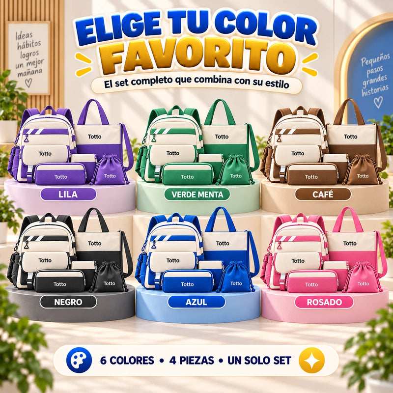 Set de mochila completo Totto impermeable, de cuero colores solidos brillantes para niños y niñas