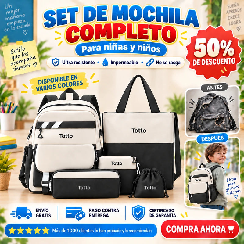 Set de mochila completo Totto impermeable, de cuero colores solidos brillantes para niños y niñas