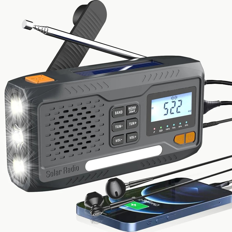 Radio de manivela de emergencia, radio meteorológica solar de 7400 mWh con AM/FM/NOAA, radio a batería con cargador de teléfono celular, pantalla digital, linterna, conector para auriculares y alarma SOS para exteriores/supervivencia