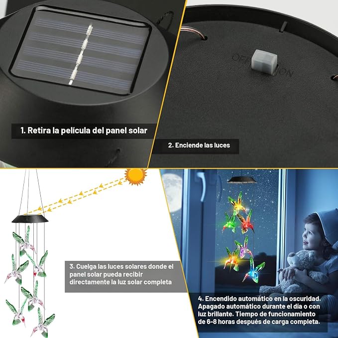 Móvil de viento solar TOODOUR con forma de colibrí y cambio de color: resistente al agua, duradero y multifuncional; funciona con energía solar y ofrece espectáculo de luces, gancho giratorio y función de luz nocturna