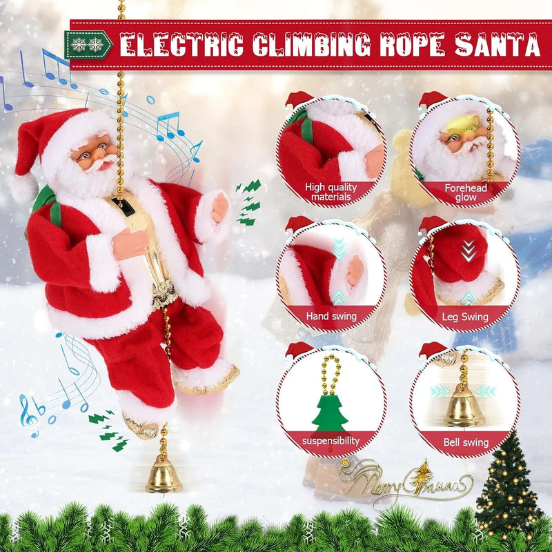 Papa Noel trepador en cuerda con 3 modos, decoración navideña musical animada