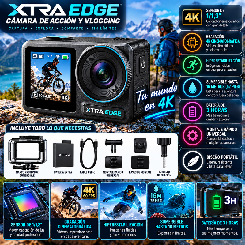 Cámara de acción y vlogging Xtra Edge: sensor de 1/1,3", grabación cinematográfica en 4K, hiperestabilización, sumergible hasta 16 metros (52 pies), batería de 3 horas, montaje rápido universal, marco protector; dispositivo portátil.