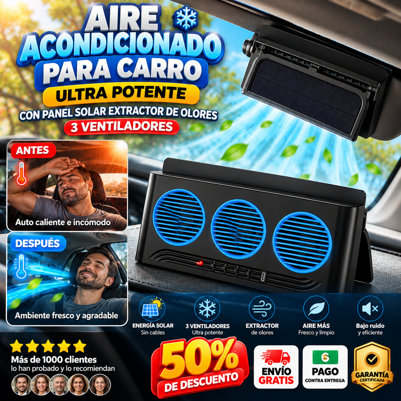 Aire acondicionado para carro ultra potente con panel solar extractor de olores 3 Ventiladores