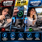 Soporte para teléfono de coche con carga inalámbrica BiLOLLY – Accesorio para automóvil, potencia de 15 W, rotación de 90°, clip de gancho para rejilla de ventilación (plástico/metal), liberación con un botón, y carga inalámbrica.