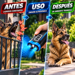 Dispositivo ultrasónico de adiestramiento y disuasión de ladridos: seguro y humano. Recargable por USB, emisores duales, alcance de 15 metros (50 pies), frecuencia de 25 kHz, linterna, empuñadura portátil, correa para la muñeca.