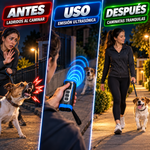 Dispositivo ultrasónico de adiestramiento y disuasión de ladridos: seguro y humano. Recargable por USB, emisores duales, alcance de 15 metros (50 pies), frecuencia de 25 kHz, linterna, empuñadura portátil, correa para la muñeca.