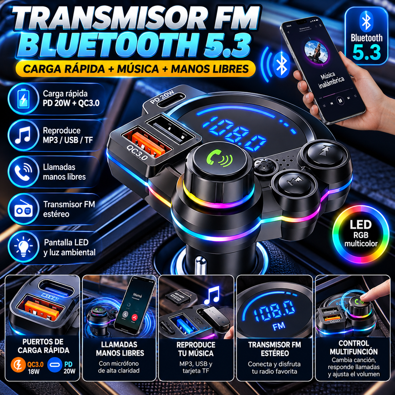 Transmisor FM Bluetooth 5.3 para coche con soporte QC3.0, adaptador de carga rápida dual USB PD 20W, reproductor MP3/USB/TF, receptor de radio inalámbrico, llamadas manos libres, pantalla LED, accesorio para el interior del vehículo.