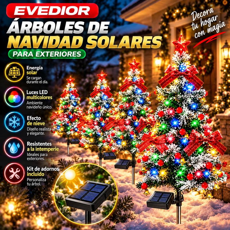 EVEDIOR Set de 4 árboles de Navidad solares para exteriores (35,4 pulgadas / 90 cm de altura), con efecto de nieve, luces LED multicolores y kit de adornos para personalizar; incluye lazos rojos, cascabeles y estrellas para la decoración de los jardines.