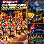 EVEDIOR Set de 4 árboles de Navidad solares para exteriores (35,4 pulgadas / 90 cm de altura), con efecto de nieve, luces LED multicolores y kit de adornos para personalizar; incluye lazos rojos, cascabeles y estrellas para la decoración de los jardines.