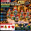EVEDIOR Set de 4 árboles de Navidad solares para exteriores (35,4 pulgadas / 90 cm de altura), con efecto de nieve, luces LED multicolores y kit de adornos para personalizar; incluye lazos rojos, cascabeles y estrellas para la decoración de los jardines.