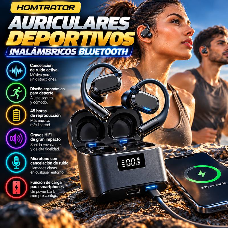 HOMTRATOR Auriculares deportivos inalámbricos Bluetooth: cancelación activa de ruido, diseño ergonómico para deporte, 45 horas de reproducción, graves HiFi de gran impacto, micrófono con cancelación de ruido ambiental, función de carga para smartphones.