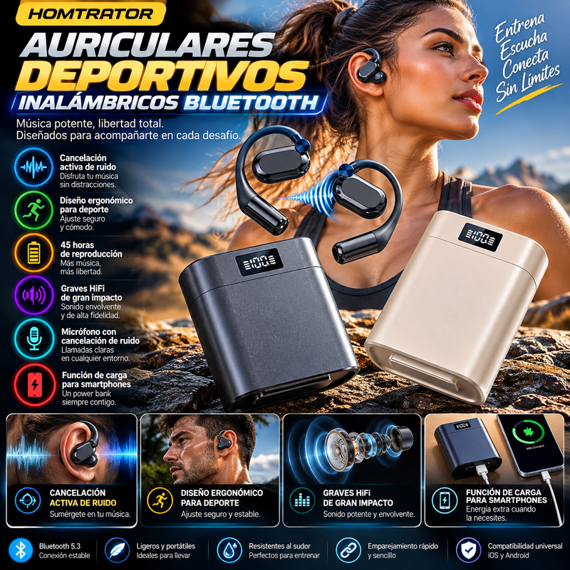 HOMTRATOR Auriculares deportivos inalámbricos Bluetooth: cancelación activa de ruido, diseño ergonómico para deporte, 45 horas de reproducción, graves HiFi de gran impacto, micrófono con cancelación de ruido ambiental, función de carga para smartphones.
