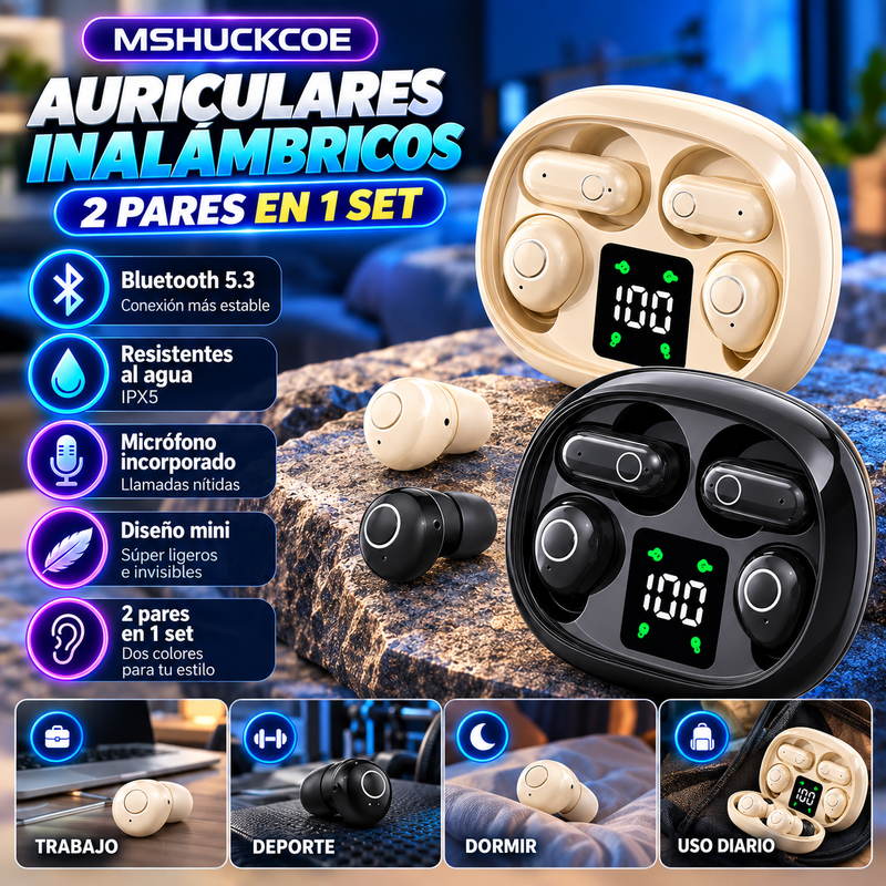 Auriculares inalámbricos Bluetooth MSHUCKCOE: auriculares invisibles de tamaño diminuto y resistentes al agua, con micrófono; set apto para dormir y hacer deporte (2 pares), diseño mini con mango corto; ideales para el trabajo, el deporte y dormir.