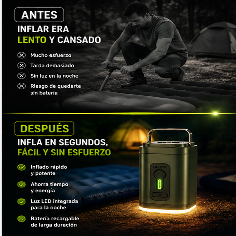 BombaMAX® Bomba de aire recargable para camping – Luz LED, inflado rápido, compacta