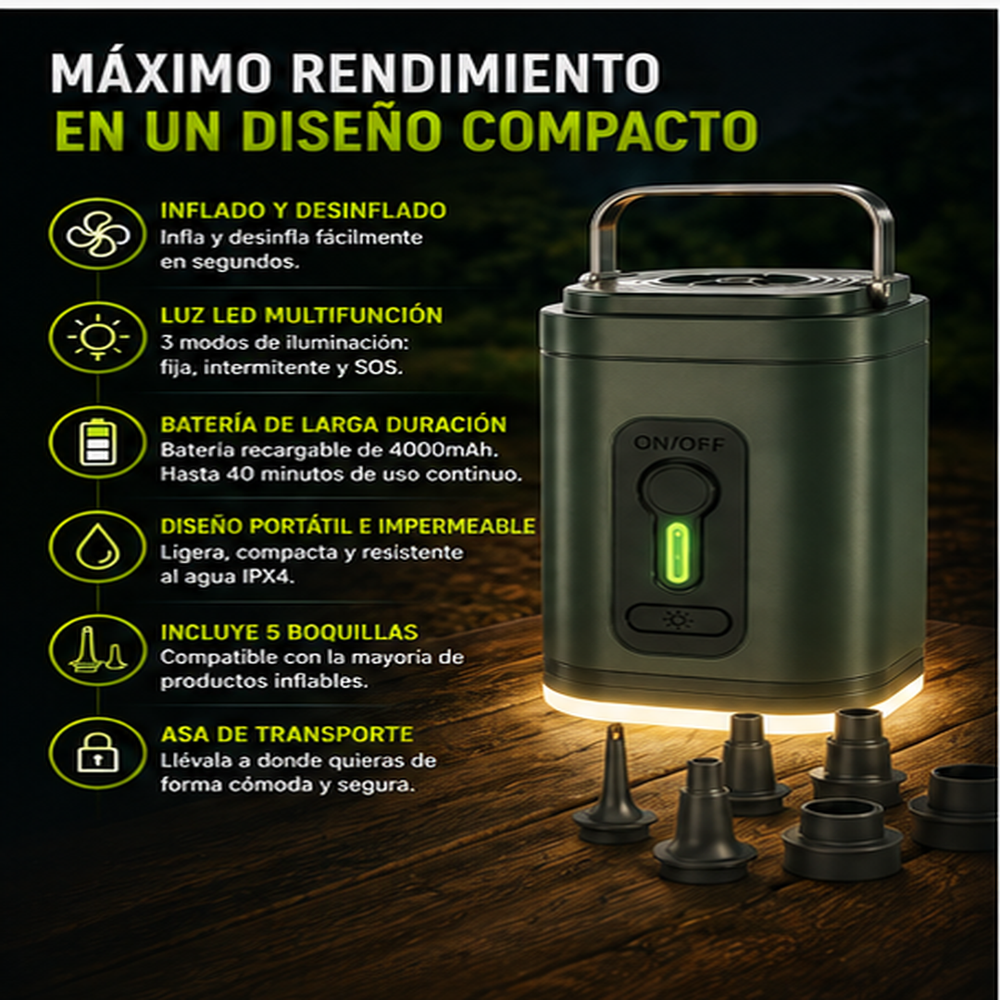 Bomba de aire recargable para camping – Luz LED, inflado rápido, compacta