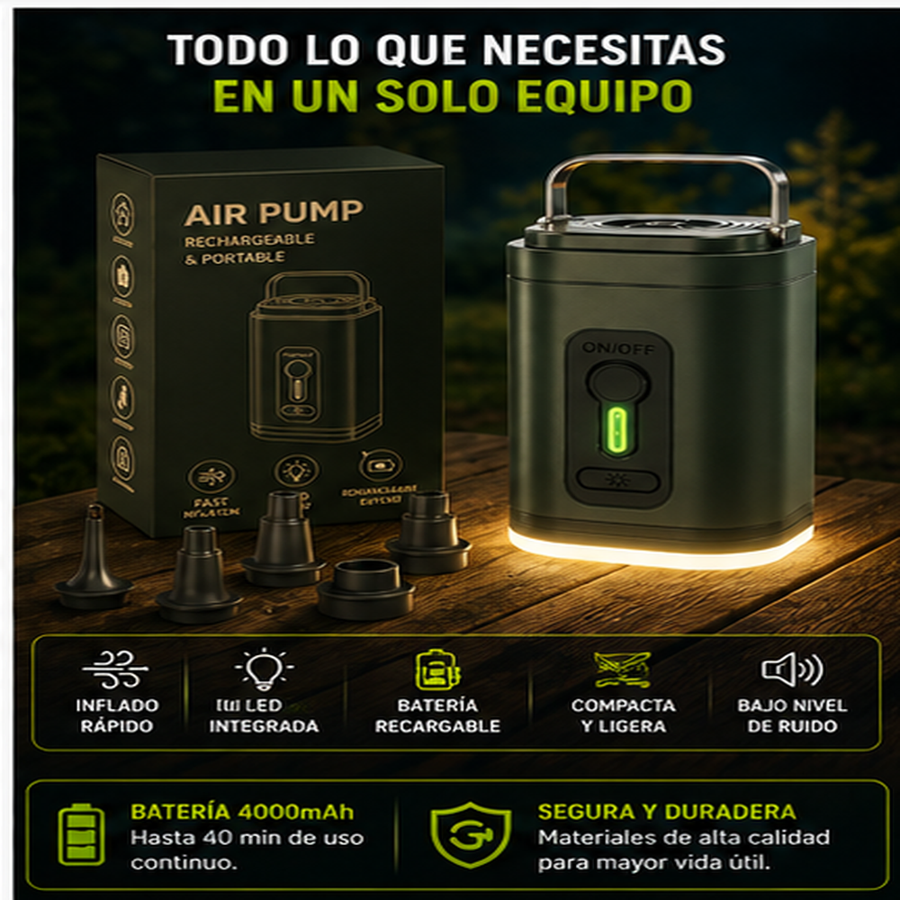 Bomba de aire recargable para camping – Luz LED, inflado rápido, compacta