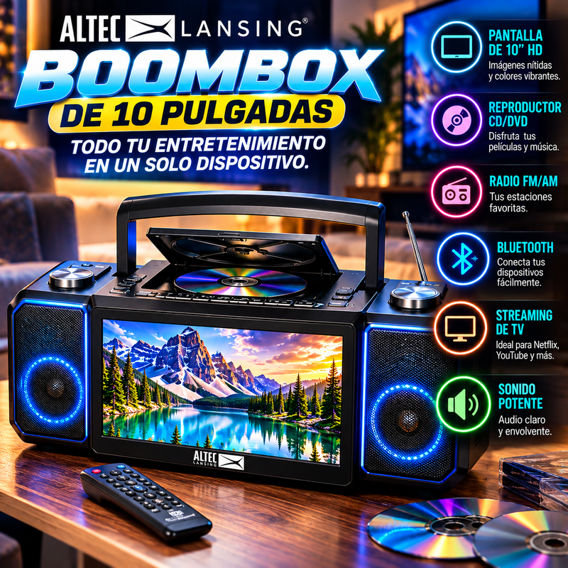 Boombox Altec Lansing de 10 pulgadas para streaming de TV, con reproductor de CD/DVD y radio