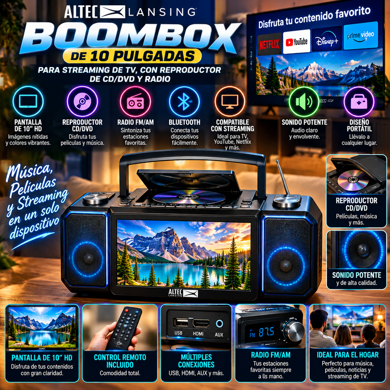 Boombox Altec Lansing de 10 pulgadas para streaming de TV, con reproductor de CD/DVD y radio