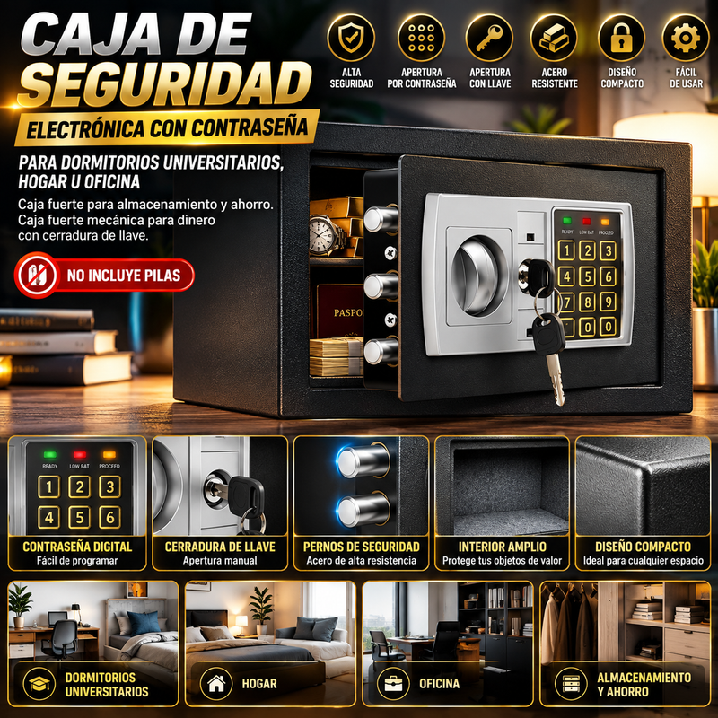 Caja de seguridad electrónica con contraseña para dormitorios universitarios, hogar u oficina; caja fuerte para almacenamiento y ahorro. Caja fuerte mecánica para dinero con cerradura de llave —No incluye pilas.