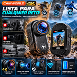 CAMWORLD 4K: Minicámara de vídeo corporal incluye tarjeta de memoria Micro SD de 64 GB, clip, lente, conectividad WiFi, pantalla HD de 1,47 pulgadas y soporte magnético de fijación rápida; cámara corporal ideal para vlogging, perfecta para ciclistas.
