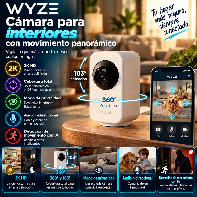 WYZE Cámara para interiores con movimiento panorámico