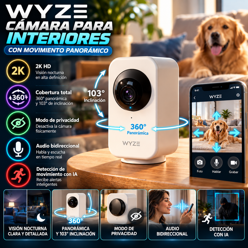 WYZE Cámara para interiores con movimiento panorámico