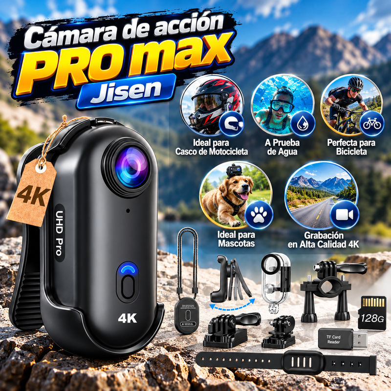 Cámara de acción PRO max Jisen - para Casco de Motocicleta, Grabación de Video a Prueba de Agua, Cámara de Acción para Bicicleta, mascotas