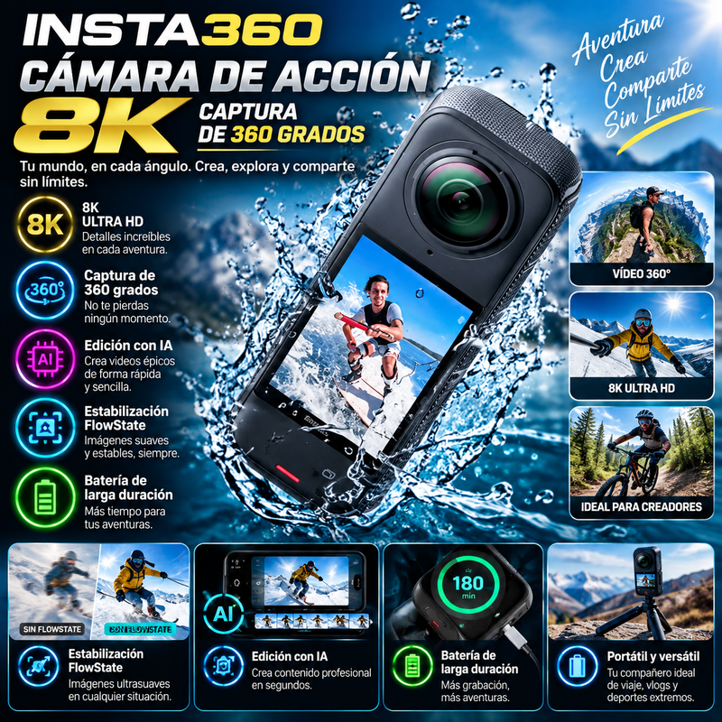 INSTA360 Cámara de acción 8K: captura de 360 grados, edición con IA, estabilización FlowState, batería de larga duración, herramienta para creadores de contenido, grabadora de vlogs, equipo de viaje portátil, dispositivo de video HD.