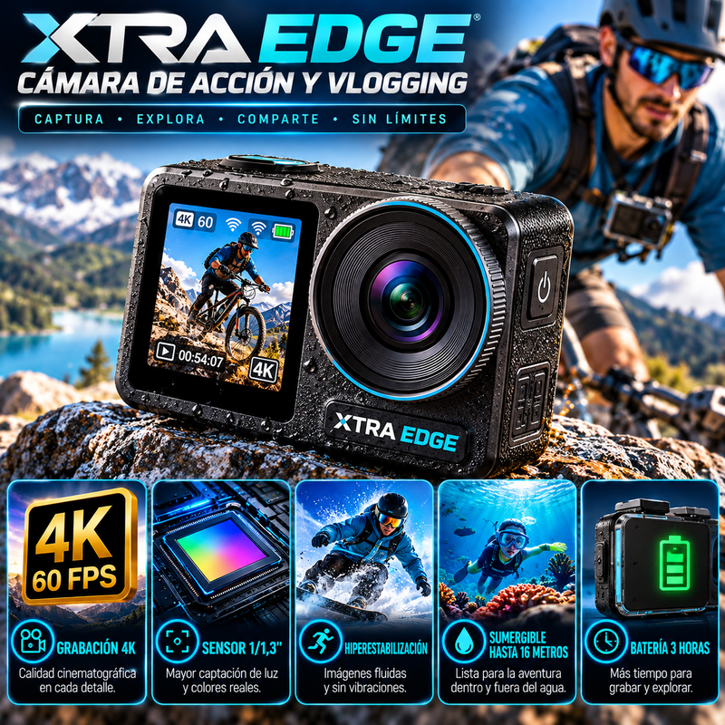 Cámara de acción y vlogging Xtra Edge: sensor de 1/1,3", grabación cinematográfica en 4K, hiperestabilización, sumergible hasta 16 metros (52 pies), batería de 3 horas, montaje rápido universal, marco protector; dispositivo portátil.