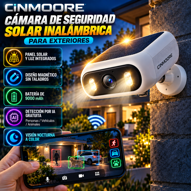 Cámara de seguridad solar inalámbrica para exteriores CINMOORE, diseño magnético sin taladros, panel solar y luz integrados, batería de 9000 mAh, grabación AOR, detección por IA gratuita (personas/vehículos/animales), visión nocturna a color y WiFi.
