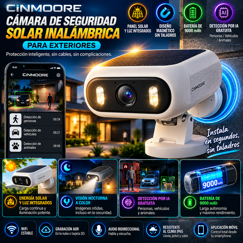 Cámara de seguridad solar inalámbrica para exteriores CINMOORE, diseño magnético sin taladros, panel solar y luz integrados, batería de 9000 mAh, grabación AOR, detección por IA gratuita (personas/vehículos/animales), visión nocturna a color y WiFi.