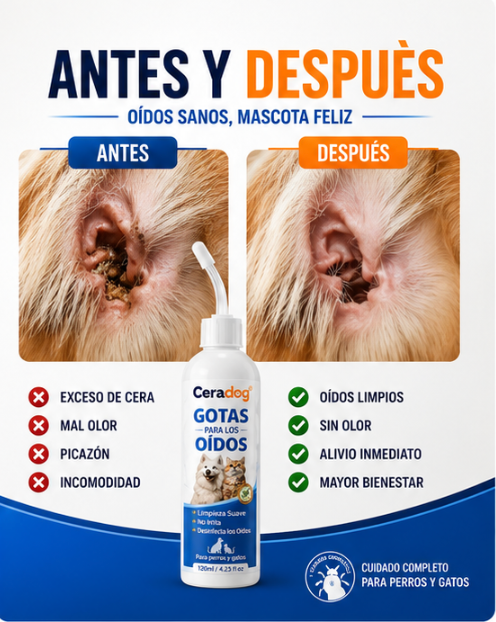 Ceradog®️ Elimina y previene molestias en los oidos de tu mascota disuelve la cera persistente que ocasiona daños auditivos
