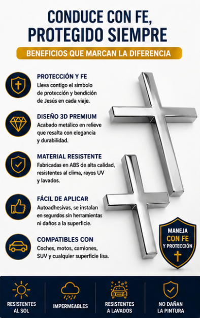 conduce siempre protegido contra accidentes con Jesusprotect® -  Juego de 2 pegatinas con emblema de cruz y Jesus en 3D; accesorios de fácil aplicación para coches, motos y SUV