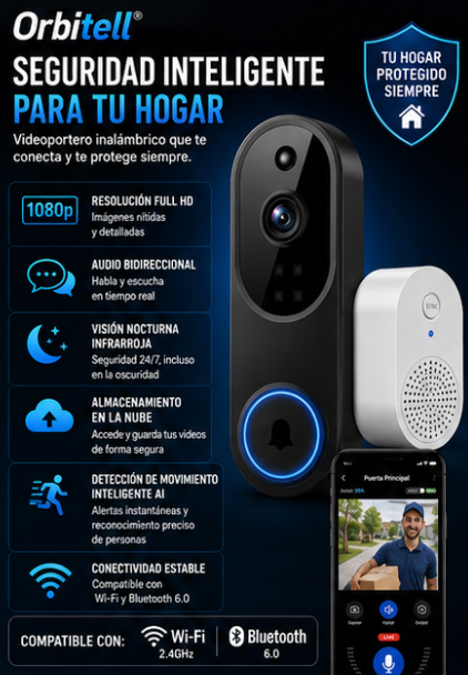 Orbitell® Videoportero inalámbrico de 1080p con cámara Wi-Fi, audio bidireccional, visión nocturna, almacenamiento en la nube, detección de movimiento inteligente AI, compatible con Wi-Fi, bluethooth 6.0