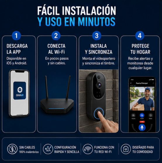 Orbitell® Videoportero inalámbrico de 1080p con cámara Wi-Fi, audio bidireccional, visión nocturna, almacenamiento en la nube, detección de movimiento inteligente AI, compatible con Wi-Fi, bluethooth 6.0