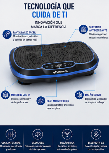 Merach Slim Maquina vibratoria diseño curvo, 200 W, potente, Bluetooth, oscilante lineal de cuerpo completo para drenaje linfático, recuperación y tonificación corporal