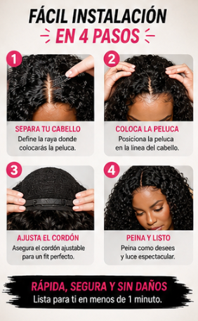 Afterblack Burmese®  peluca rizada sin pegamento, con ajuste invisible en la línea del cabello y sistema de cordón (estilo "flip-over"). Fácil de colocar y perfecta para principiantes; cabello humano rizado