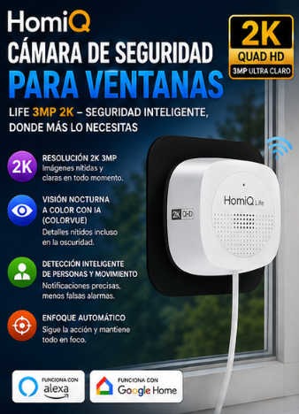 HomiQ Cámara de seguridad para ventanas: Life 3MP 2K, cámara WiFi para interiores (2,4 GHz/5 GHz) con visión nocturna a color mediante IA, detección de movimiento con enfoque automático