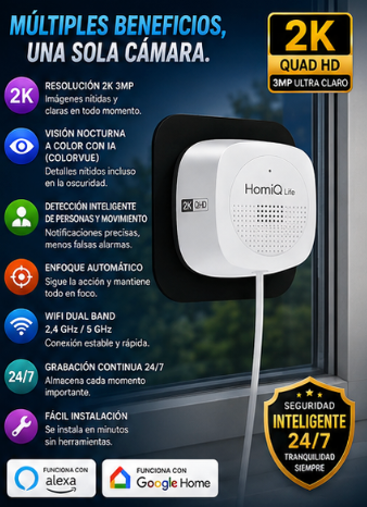 HomiQ Cámara de seguridad para ventanas: Life 3MP 2K, cámara WiFi para interiores (2,4 GHz/5 GHz) con visión nocturna a color mediante IA, detección de movimiento con enfoque automático