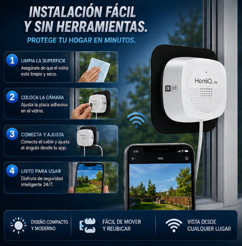 HomiQ Cámara de seguridad para ventanas: Life 3MP 2K, cámara WiFi para interiores (2,4 GHz/5 GHz) con visión nocturna a color mediante IA, detección de movimiento con enfoque automático