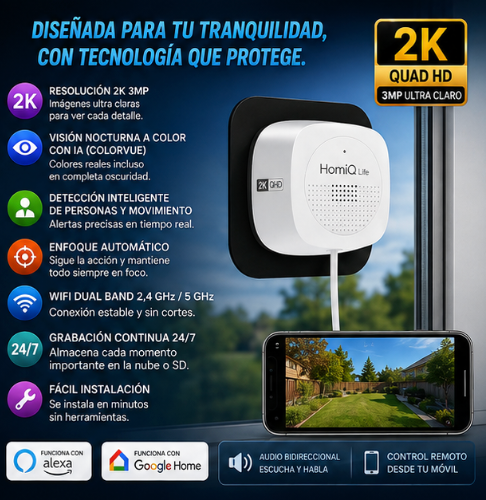 HomiQ Cámara de seguridad para ventanas: Life 3MP 2K, cámara WiFi para interiores (2,4 GHz/5 GHz) con visión nocturna a color mediante IA, detección de movimiento con enfoque automático
