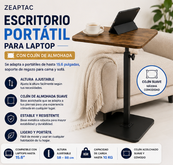 ZEAPTAC Escritorio Portátil para Laptop con Cojín de Almohada, Se Adapta a Portátiles de hasta 15.6 Pulgadas, Soporte de Regazo para Cama y Sofá