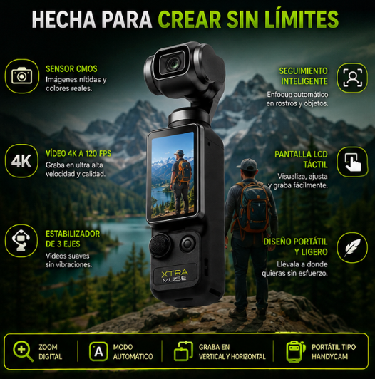 Xtra Muse Vlogging Camara con Sensor CMOS, vídeo 4K a 120 fps, estabilizador de cardán de 3 ejes, enfoque rápido, seguimiento de rostros y objetos, pantalla LCD, modo automático, zoom digital, videocámara portátil tipo Handycam.