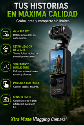 Xtra Muse Vlogging Camara con Sensor CMOS, vídeo 4K a 120 fps, estabilizador de cardán de 3 ejes, enfoque rápido, seguimiento de rostros y objetos, pantalla LCD, modo automático, zoom digital, videocámara portátil tipo Handycam.