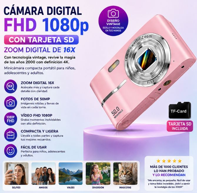 Cámara digital FHD 1080p con tarjeta SD, zoom digital de 16x, con tecnología vintage, revive la magia de los años 2000 con definción 4k, minicámara compacta portátil para niños, adplescentes y adultos