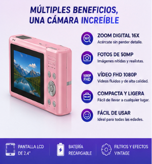 Cámara digital FHD 1080p con tarjeta SD, zoom digital de 16x, con tecnología vintage, revive la magia de los años 2000 con definción 4k, minicámara compacta portátil para niños, adplescentes y adultos
